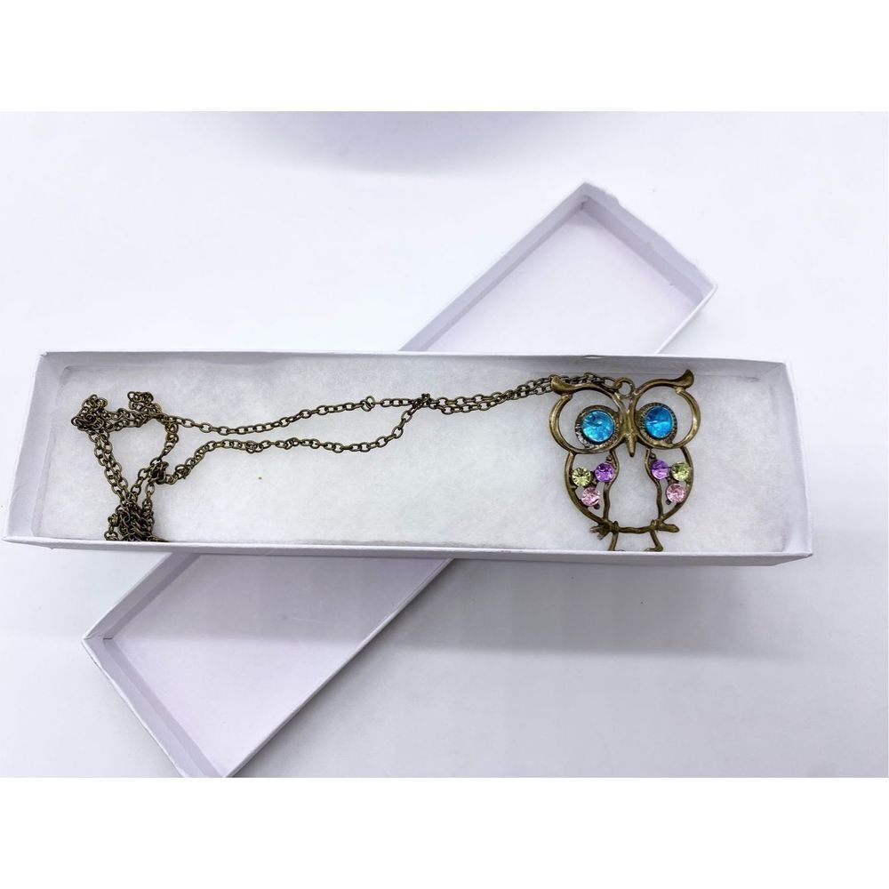Necklace - owl blue rhinestone brushed gold